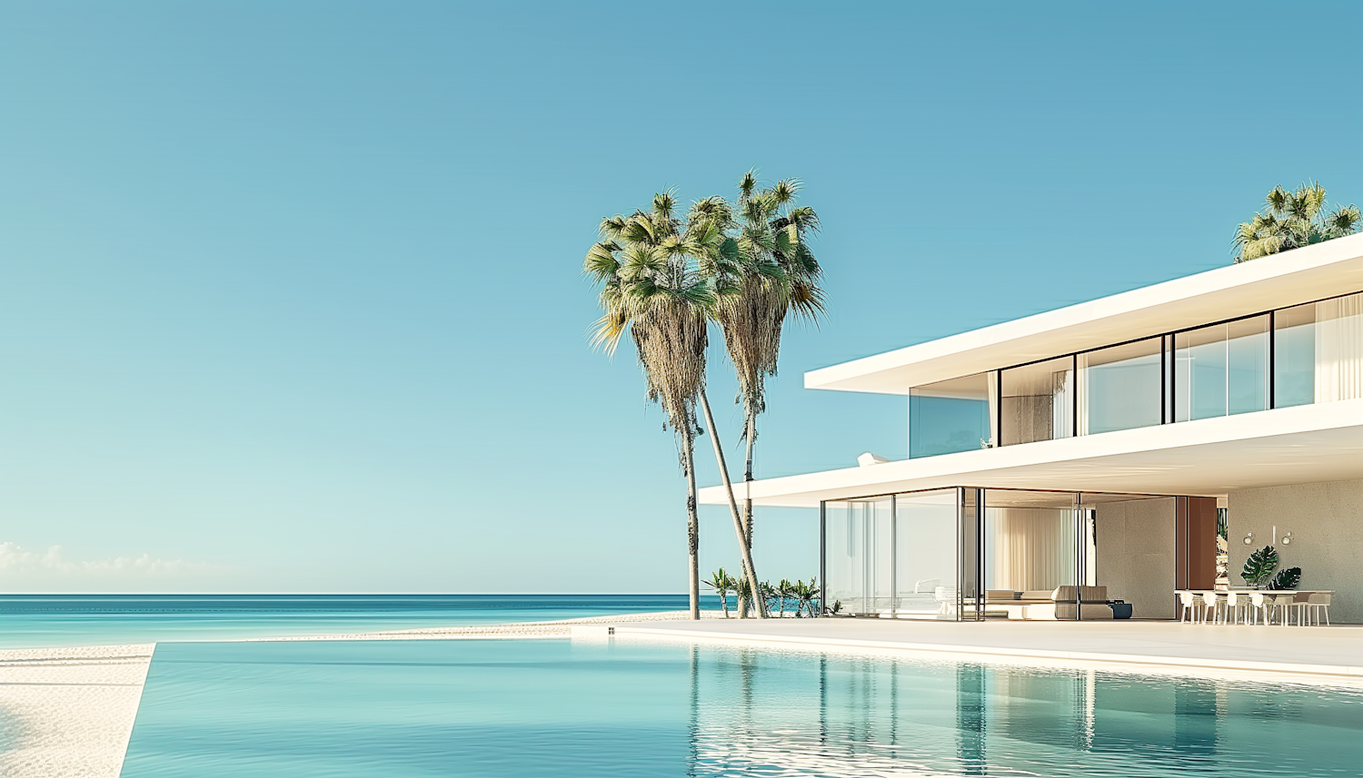 Modern glass villa with an infinity pool and palm trees