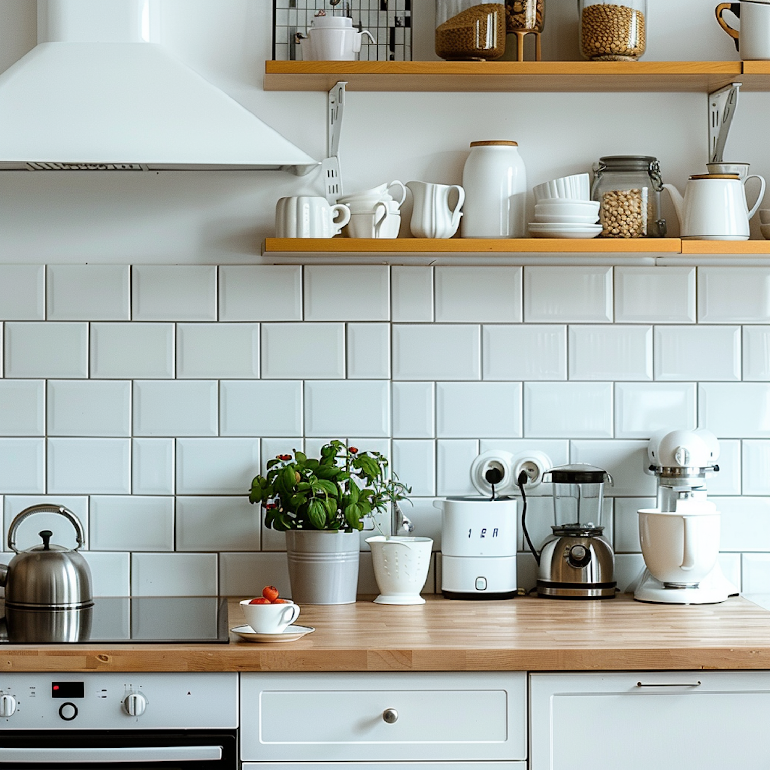 Kitchen counter with a steel blender